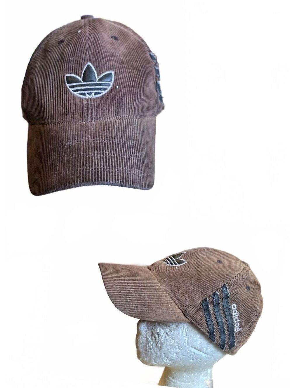 Vintage 1990s Adidas Trefoil Side Stripe Brown Corduroy Hat Strapback Cap